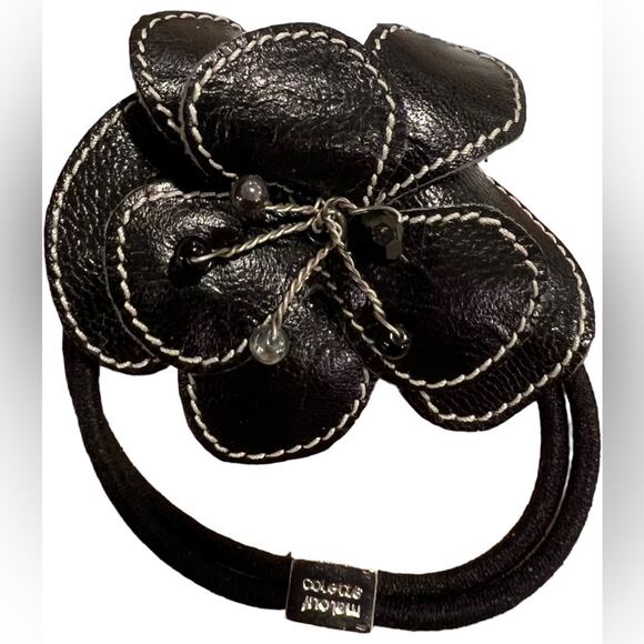 Colette Malouf Leather Cutout Flower bendable beaded hair band bow NWOT neutral - Picture 1 of 4